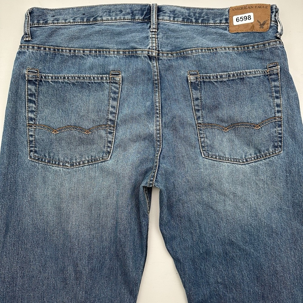 Y2K American Eagle Low Rise Loose Jeans Mens 36x34 Light Blue Whiskering Denim